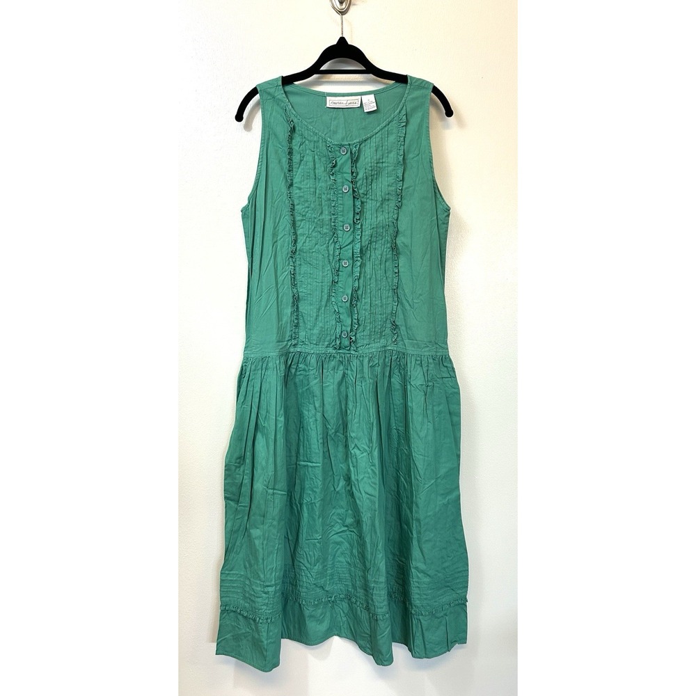 Vintage Nouveau Faces Jumper Dress Size Small Teal Green Pleated Cotton‎ Pockets